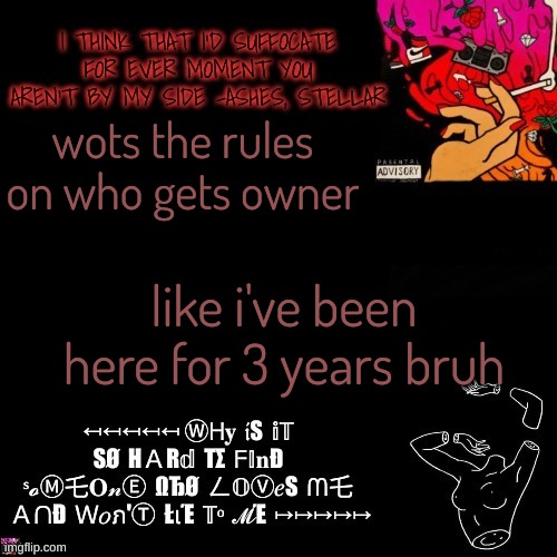 (McNote: a lot of ppl have been here longer give everyone owner now shall we?) (dam fine -h) | wots the rules on who gets owner; like i've been here for 3 years bruh | image tagged in ashes | made w/ Imgflip meme maker