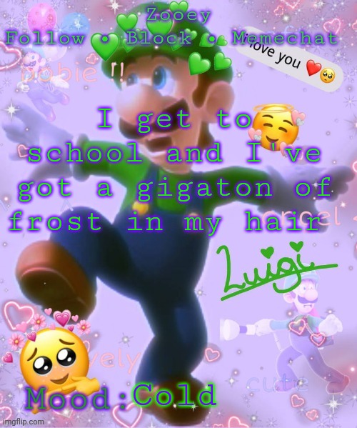 I get to school and I've got a gigaton of frost in my hair; Cold | image tagged in zooey's luigi announcement temp | made w/ Imgflip meme maker