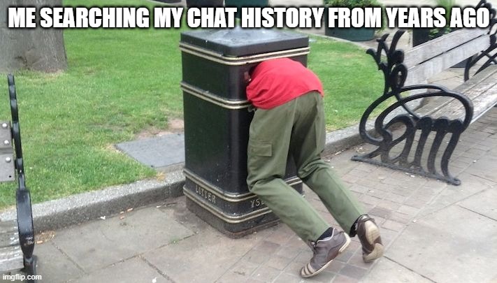 Guy in trash can | ME SEARCHING MY CHAT HISTORY FROM YEARS AGO | image tagged in guy in trash can | made w/ Imgflip meme maker