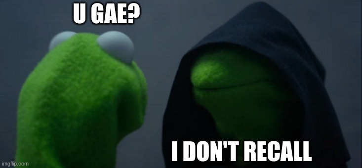 U gae? | U GAE? I DON'T RECALL | image tagged in memes,evil kermit | made w/ Imgflip meme maker