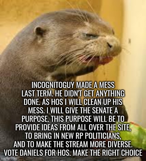 Disgusted Otter | INCOGNITOGUY MADE A MESS LAST TERM. HE DIDN'T GET ANYTHING DONE. AS HOS I WILL CLEAN UP HIS MESS. I WILL GIVE THE SENATE A PURPOSE. THIS PURPOSE WILL BE TO PROVIDE IDEAS FROM ALL OVER THE SITE, TO BRING IN NEW RP POLITICIANS, AND TO MAKE THE STREAM MORE DIVERSE. VOTE DANIELS FOR HOS. MAKE THE RIGHT CHOICE | image tagged in disgusted otter | made w/ Imgflip meme maker