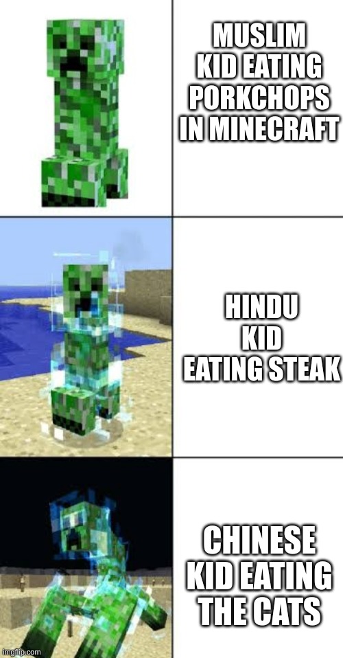 Haram | MUSLIM KID EATING PORKCHOPS IN MINECRAFT; HINDU KID EATING STEAK; CHINESE KID EATING THE CATS | image tagged in minecraft creeper template | made w/ Imgflip meme maker