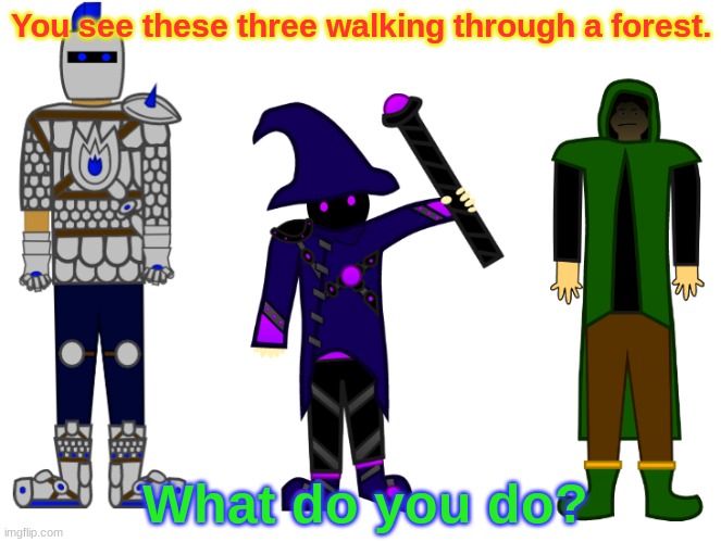 Using three new characters! Any character allowed. | You see these three walking through a forest. What do you do? | image tagged in roleplaying,fantasy | made w/ Imgflip meme maker