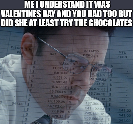 the tab | ME I UNDERSTAND IT WAS VALENTINES DAY AND YOU HAD TOO BUT DID SHE AT LEAST TRY THE CHOCOLATES | image tagged in accountant,the accountant,account,bank account,alt accounts | made w/ Imgflip meme maker