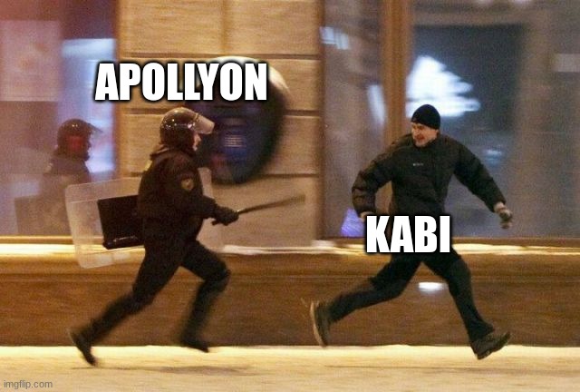 Police Chasing Guy | APOLLYON; KABI | image tagged in police chasing guy | made w/ Imgflip meme maker