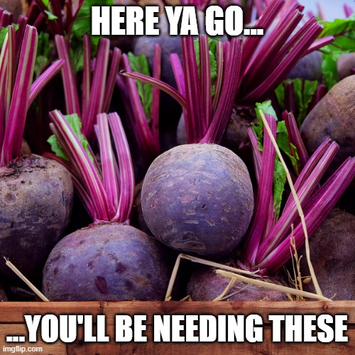beets | HERE YA GO... ...YOU'LL BE NEEDING THESE | image tagged in beets | made w/ Imgflip meme maker
