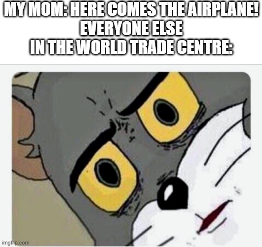 Disturbed Tom | MY MOM: HERE COMES THE AIRPLANE!
EVERYONE ELSE IN THE WORLD TRADE CENTRE: | image tagged in disturbed tom,9/11 | made w/ Imgflip meme maker