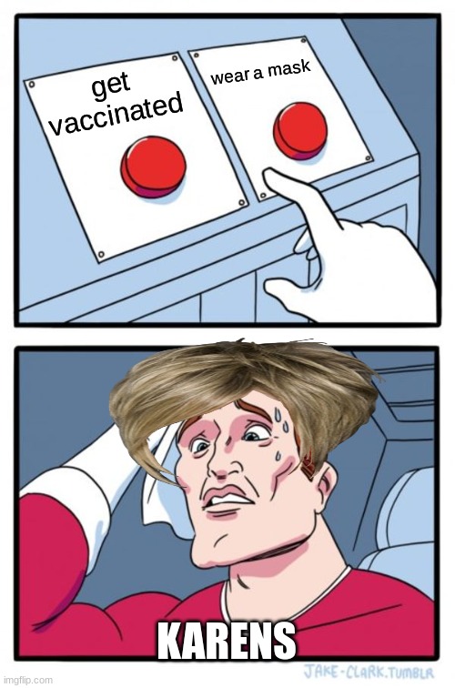karens are stupid | wear a mask; get vaccinated; KARENS | image tagged in memes,two buttons | made w/ Imgflip meme maker
