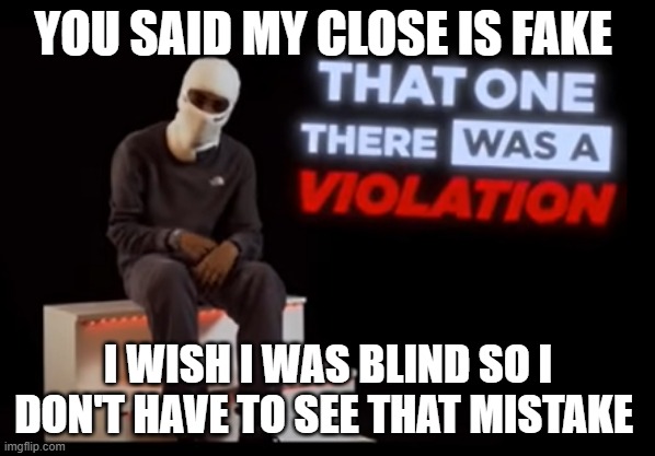funny | YOU SAID MY CLOSE IS FAKE; I WISH I WAS BLIND SO I DON'T HAVE TO SEE THAT MISTAKE | image tagged in that one there was a violation | made w/ Imgflip meme maker