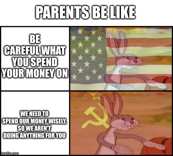 Parents... | PARENTS BE LIKE; BE CAREFUL WHAT YOU SPEND YOUR MONEY ON; WE NEED TO SPEND OUR MONEY WISELY, SO WE AREN'T DOING ANYTHING FOR YOU | image tagged in mine ours bugs bunny | made w/ Imgflip meme maker