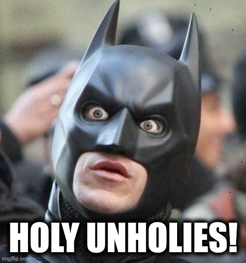 Shocked Batman | HOLY UNHOLIES! | image tagged in shocked batman | made w/ Imgflip meme maker