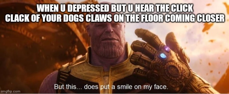 Image Title | WHEN U DEPRESSED BUT U HEAR THE CLICK CLACK OF YOUR DOGS CLAWS ON THE FLOOR COMING CLOSER | image tagged in but this does put a smile on my face | made w/ Imgflip meme maker