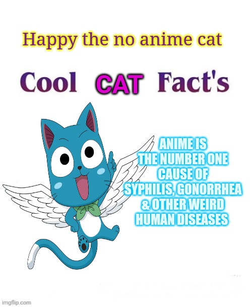 Get that anime filth off this Christian stream! | Happy the no anime cat; CAT; ANIME IS THE NUMBER ONE CAUSE OF SYPHILIS, GONORRHEA & OTHER WEIRD HUMAN DISEASES | image tagged in cool facts,happy,no anime allowed,cat | made w/ Imgflip meme maker