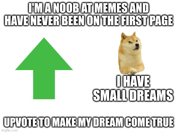 please | I'M A NOOB AT MEMES AND HAVE NEVER BEEN ON THE FIRST PAGE; I HAVE SMALL DREAMS; UPVOTE TO MAKE MY DREAM COME TRUE | image tagged in blank white template,upvote | made w/ Imgflip meme maker
