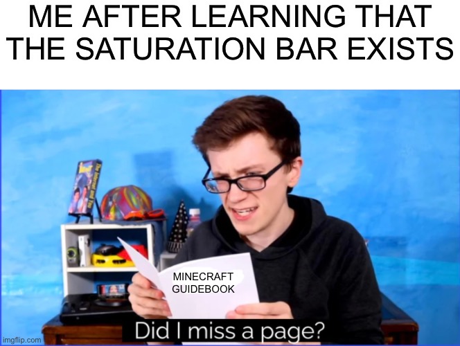 Ive been playing for 10 years and i still dont know what it does | ME AFTER LEARNING THAT THE SATURATION BAR EXISTS; MINECRAFT GUIDEBOOK | image tagged in did i miss a page | made w/ Imgflip meme maker