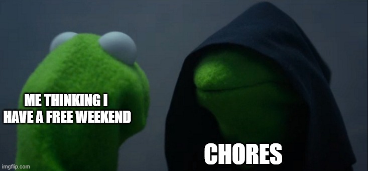 Evil Kermit Meme | ME THINKING I 
HAVE A FREE WEEKEND; CHORES | image tagged in memes,evil kermit | made w/ Imgflip meme maker