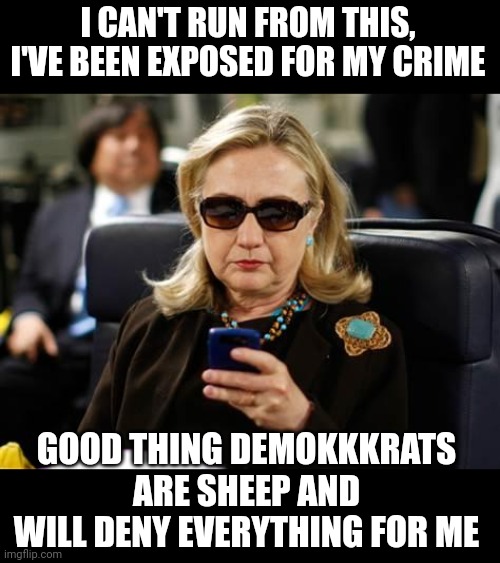 They can't deny it now but they will. | I CAN'T RUN FROM THIS, I'VE BEEN EXPOSED FOR MY CRIME; GOOD THING DEMOKKKRATS ARE SHEEP AND WILL DENY EVERYTHING FOR ME | image tagged in memes,hillary clinton cellphone,spying,worse than watergate | made w/ Imgflip meme maker