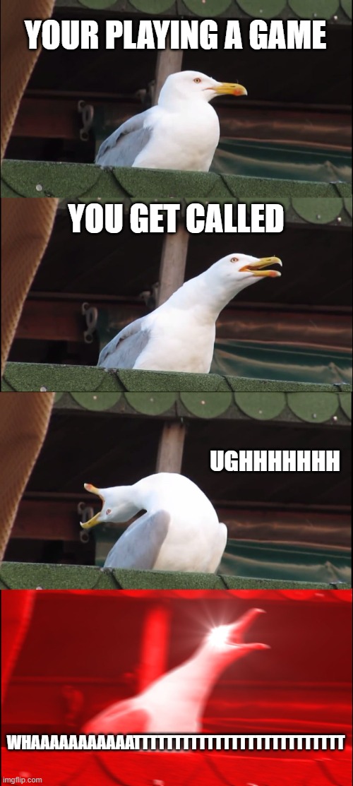 Inhaling Seagull Meme | YOUR PLAYING A GAME; YOU GET CALLED; UGHHHHHHH; WHAAAAAAAAAAATTTTTTTTTTTTTTTTTTTTTTTTTT | image tagged in memes,inhaling seagull | made w/ Imgflip meme maker