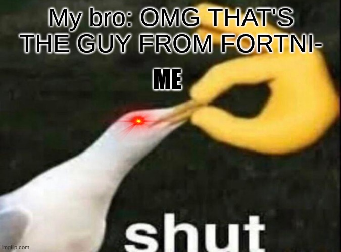 SHUT YOUR MOUTH | My bro: OMG THAT'S THE GUY FROM FORTNI-; ME | image tagged in shut | made w/ Imgflip meme maker