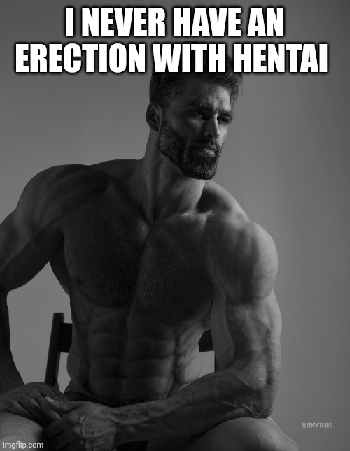 Giga Chad | I NEVER HAVE AN ERECTION WITH HENTAI | image tagged in giga chad | made w/ Imgflip meme maker