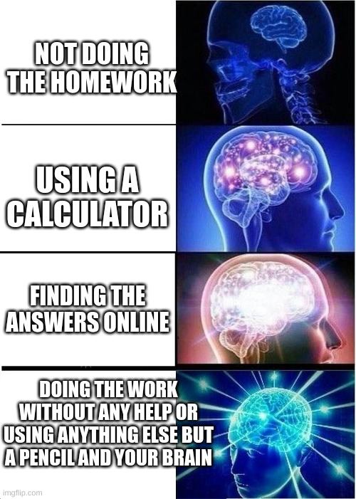 the ways of homework | NOT DOING THE HOMEWORK; USING A CALCULATOR; FINDING THE ANSWERS ONLINE; DOING THE WORK WITHOUT ANY HELP OR USING ANYTHING ELSE BUT A PENCIL AND YOUR BRAIN | image tagged in memes,expanding brain,homework,school | made w/ Imgflip meme maker