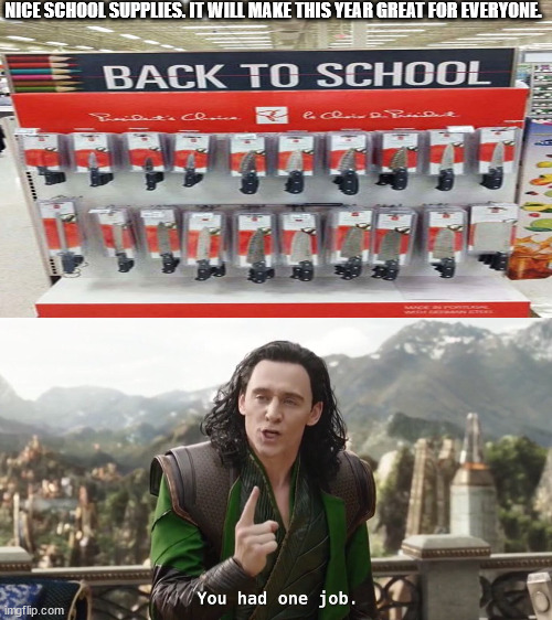 NICE SCHOOL SUPPLIES. IT WILL MAKE THIS YEAR GREAT FOR EVERYONE. | image tagged in you had one job just the one | made w/ Imgflip meme maker