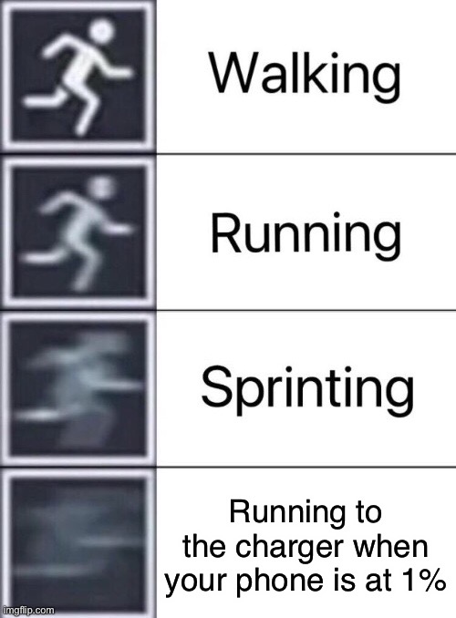 Walking, Running, Sprinting | Running to the charger when your phone is at 1% | image tagged in walking running sprinting | made w/ Imgflip meme maker