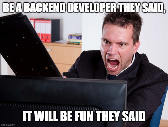 angry backend developer | BE A BACKEND DEVELOPER THEY SAID, IT WILL BE FUN THEY SAID | image tagged in angry computer user | made w/ Imgflip meme maker