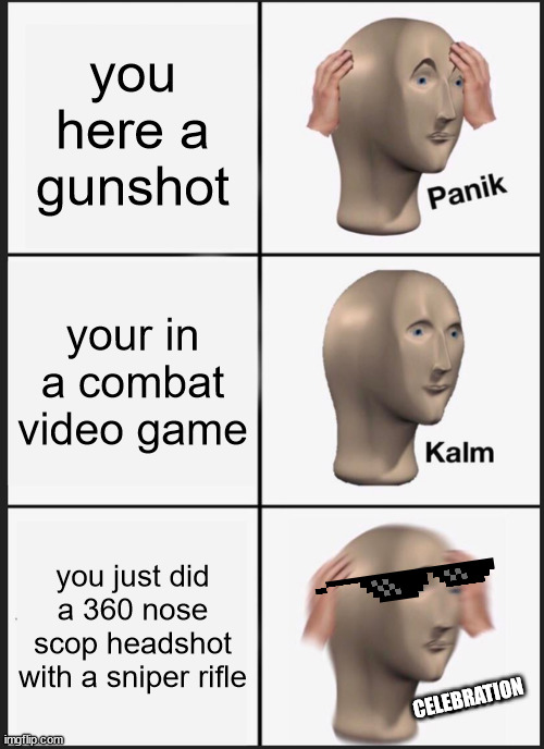 expect the unexpected | you here a gunshot; your in a combat video game; you just did a 360 nose scop headshot with a sniper rifle; CELEBRATION | image tagged in memes,panik kalm panik | made w/ Imgflip meme maker