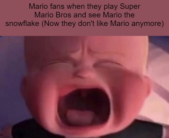 boss baby crying | Mario fans when they play Super Mario Bros and see Mario the snowflake (Now they don't like Mario anymore) | image tagged in boss baby crying | made w/ Imgflip meme maker