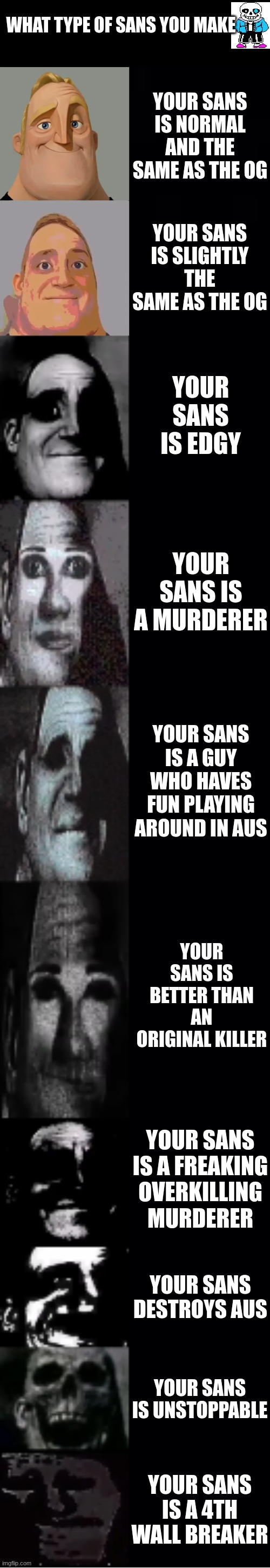 SnAs | WHAT TYPE OF SANS YOU MAKE; YOUR SANS IS NORMAL AND THE SAME AS THE OG; YOUR SANS IS SLIGHTLY THE SAME AS THE OG; YOUR SANS IS EDGY; YOUR SANS IS A MURDERER; YOUR SANS IS A GUY WHO HAVES FUN PLAYING AROUND IN AUS; YOUR SANS IS BETTER THAN AN ORIGINAL KILLER; YOUR SANS IS A FREAKING OVERKILLING MURDERER; YOUR SANS DESTROYS AUS; YOUR SANS IS UNSTOPPABLE; YOUR SANS IS A 4TH WALL BREAKER | image tagged in mr incredible becoming uncanny,sans | made w/ Imgflip meme maker