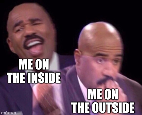 Steve Harvey Laughing Serious | ME ON THE INSIDE ME ON THE OUTSIDE | image tagged in steve harvey laughing serious | made w/ Imgflip meme maker