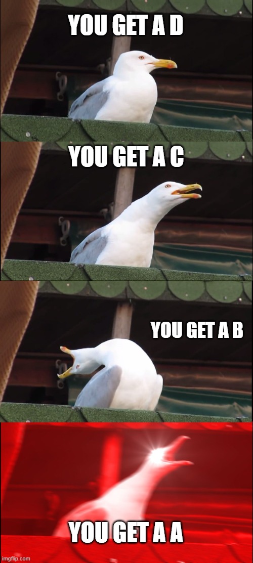 ty god | YOU GET A D; YOU GET A C; YOU GET A B; YOU GET A A | image tagged in memes,inhaling seagull | made w/ Imgflip meme maker