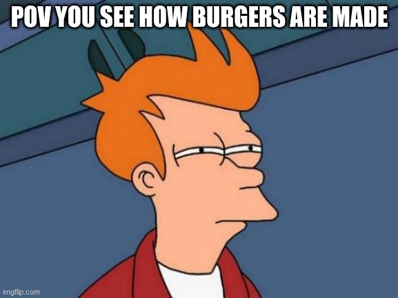 lol | POV YOU SEE HOW BURGERS ARE MADE | image tagged in memes,futurama fry | made w/ Imgflip meme maker