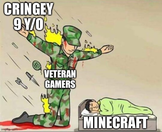 Protecting the future gen | CRINGEY 9 Y/O; VETERAN
GAMERS; MINECRAFT | image tagged in soldier protecting sleeping child,minecraft,cringe worthy,little kids | made w/ Imgflip meme maker