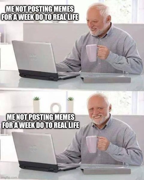 sorry guys | ME NOT POSTING MEMES FOR A WEEK DO TO REAL LIFE; ME NOT POSTING MEMES FOR A WEEK DO TO REAL LIFE | image tagged in memes,hide the pain harold | made w/ Imgflip meme maker