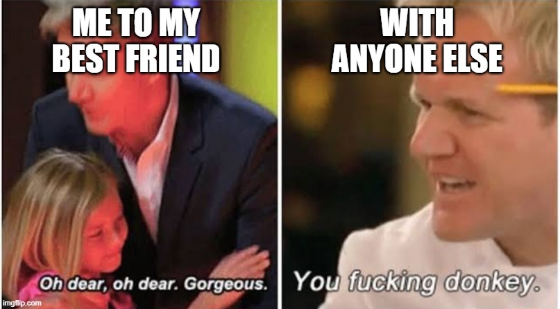 Gordon Ramsay kids vs adults | ME TO MY BEST FRIEND; WITH ANYONE ELSE | image tagged in gordon ramsay kids vs adults | made w/ Imgflip meme maker