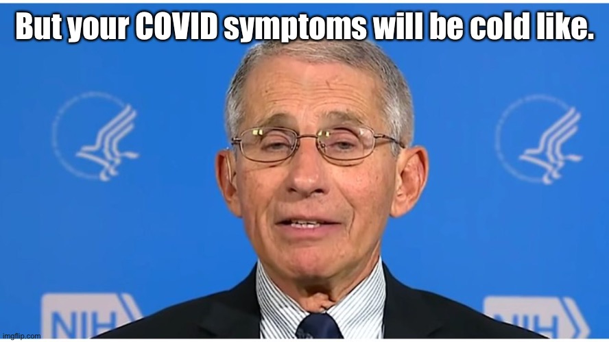 Dr Fauci | But your COVID symptoms will be cold like. | image tagged in dr fauci | made w/ Imgflip meme maker