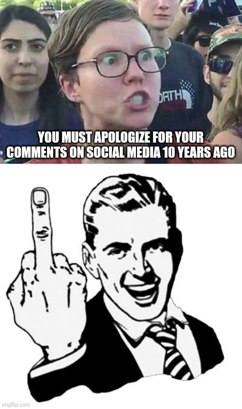 YOU MUST APOLOGIZE FOR YOUR COMMENTS ON SOCIAL MEDIA 10 YEARS AGO | image tagged in triggered liberal,memes,1950s middle finger | made w/ Imgflip meme maker