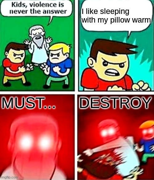 JUST WHY DO YOU LIKE THAT?????!!!!!!!! | I like sleeping with my pillow warm; MUST... DESTROY | image tagged in kids violence is never the answer,pillow | made w/ Imgflip meme maker