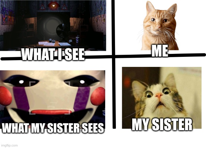 My sister got scared for some odd reason. The jump scare didn't even came yet. | ME; WHAT I SEE; MY SISTER; WHAT MY SISTER SEES | image tagged in puppet jump-scare | made w/ Imgflip meme maker