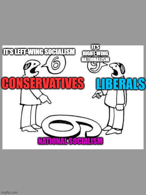 It's like 2 parents looking at their kid screwing up (Hitler) and saying "He gets that from YOUR side of the family." | IT'S LEFT-WING SOCIALISM; IT'S RIGHT-WING NATIONALISM; LIBERALS; CONSERVATIVES; NATIONAL SOCIALISM | image tagged in 6 or 9,nazis,liberals vs conservatives | made w/ Imgflip meme maker