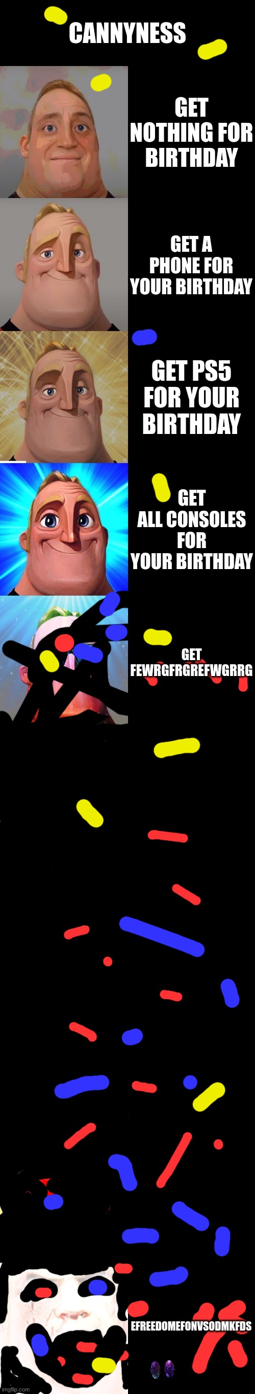 well shoot. | CANNYNESS; GET NOTHING FOR BIRTHDAY; GET A PHONE FOR YOUR BIRTHDAY; GET PS5 FOR YOUR BIRTHDAY; GET ALL CONSOLES FOR YOUR BIRTHDAY; GET FEWRGFRGREFWGRRG; EFREEDOMEFONVSODMKFDS | image tagged in mr incredible becoming canny | made w/ Imgflip meme maker