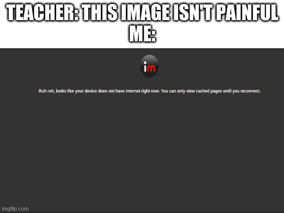 le sad | TEACHER: THIS IMAGE ISN'T PAINFUL
ME: | image tagged in imgflip,blank white template | made w/ Imgflip meme maker