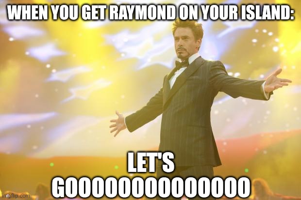 I JUST GOT RAYMOND!!!!!! | WHEN YOU GET RAYMOND ON YOUR ISLAND:; LET'S GOOOOOOOOOOOOOO | image tagged in tony stark success | made w/ Imgflip meme maker