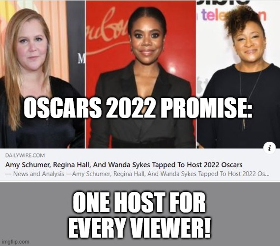 The 3 remaining viewers should be very happy | OSCARS 2022 PROMISE:; ONE HOST FOR EVERY VIEWER! | image tagged in oscars,woke,broke | made w/ Imgflip meme maker