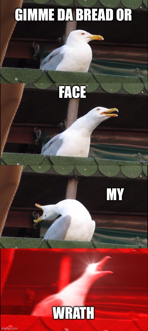 Inhaling Seagull | GIMME DA BREAD OR; FACE; MY; WRATH | image tagged in memes,inhaling seagull | made w/ Imgflip meme maker
