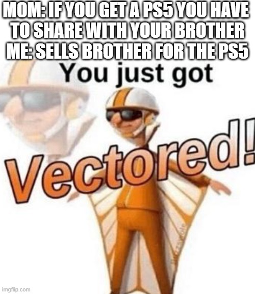 image title | MOM: IF YOU GET A PS5 YOU HAVE 
TO SHARE WITH YOUR BROTHER
ME: SELLS BROTHER FOR THE PS5 | image tagged in you just got vectored | made w/ Imgflip meme maker