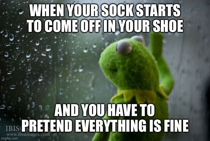kermit window | WHEN YOUR SOCK STARTS TO COME OFF IN YOUR SHOE; AND YOU HAVE TO PRETEND EVERYTHING IS FINE | image tagged in kermit window | made w/ Imgflip meme maker