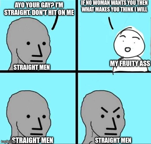 Ill never understand straight guy logic | IF NO WOMAN WANTS YOU THEN WHAT MAKES YOU THINK I WILL; AYO YOUR GAY? I'M STRAIGHT. DON'T HIT ON ME; MY FRUITY ASS; STRAIGHT MEN; STRAIGHT MEN; STRAIGHT MEN | image tagged in npc meme | made w/ Imgflip meme maker